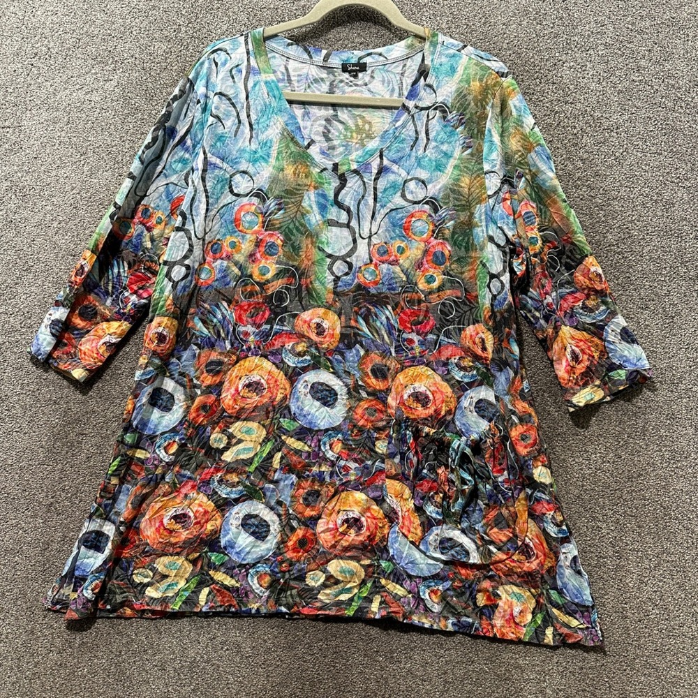 Shana Abstract Floral V Neck Tunic Top Medium 3/4 Sleeve Artsy Eclectic Quirky